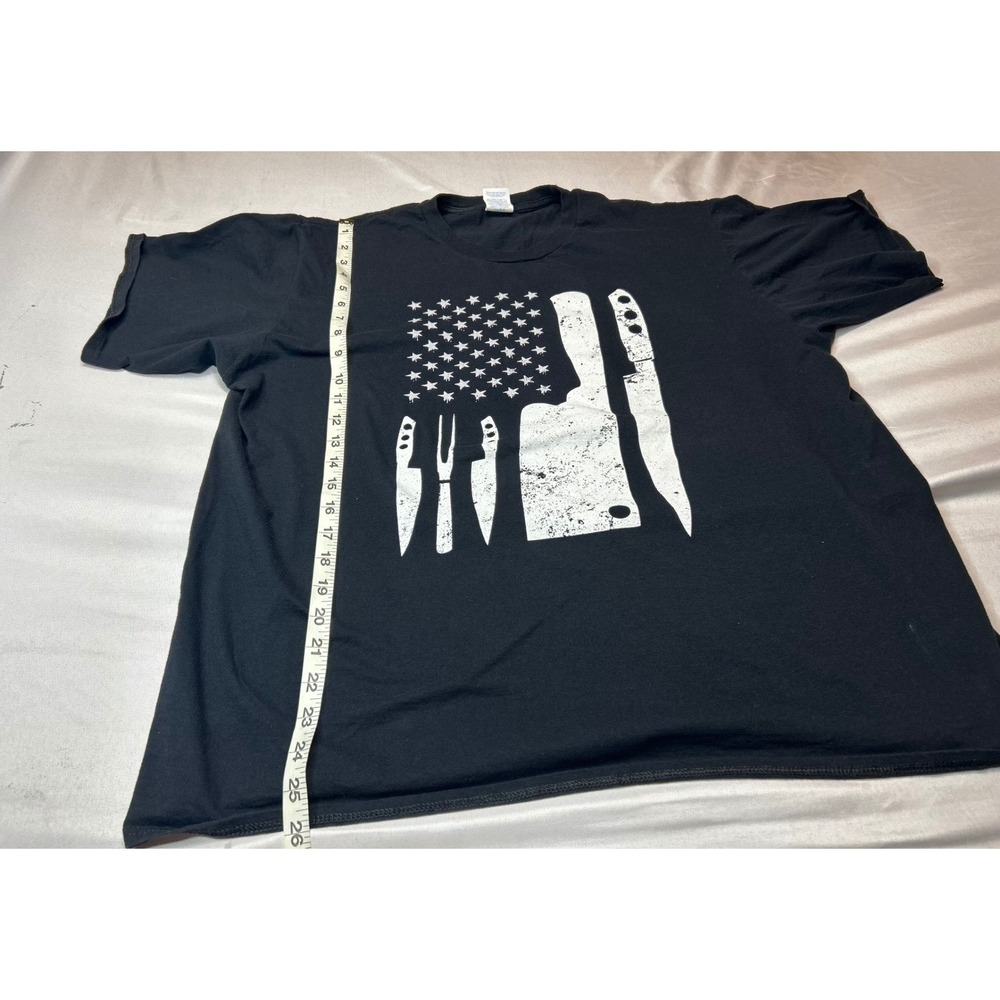 Port & Company Mens XL Black Chef American Flag Kitchen Knife Graphic T-Shirt